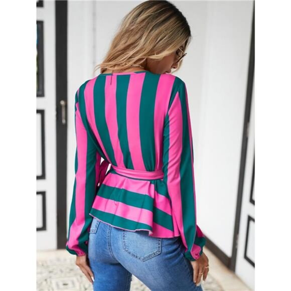 Striped Wrap Blouse with Tie Detail - Picture 2 of 8